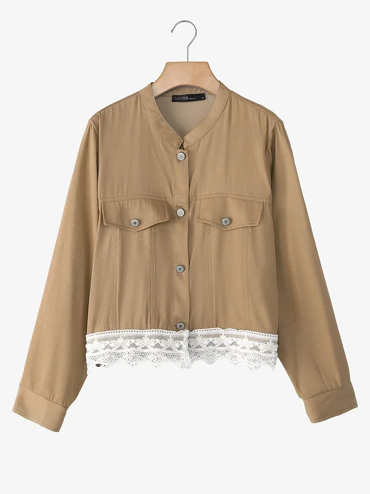 ZAZNEA Women Stylish Shirts Autumn Long Sleeve Tunic Tops Buttons Casual Blouse Lace Patchwork Loose Streetwear Blusas Cardigans