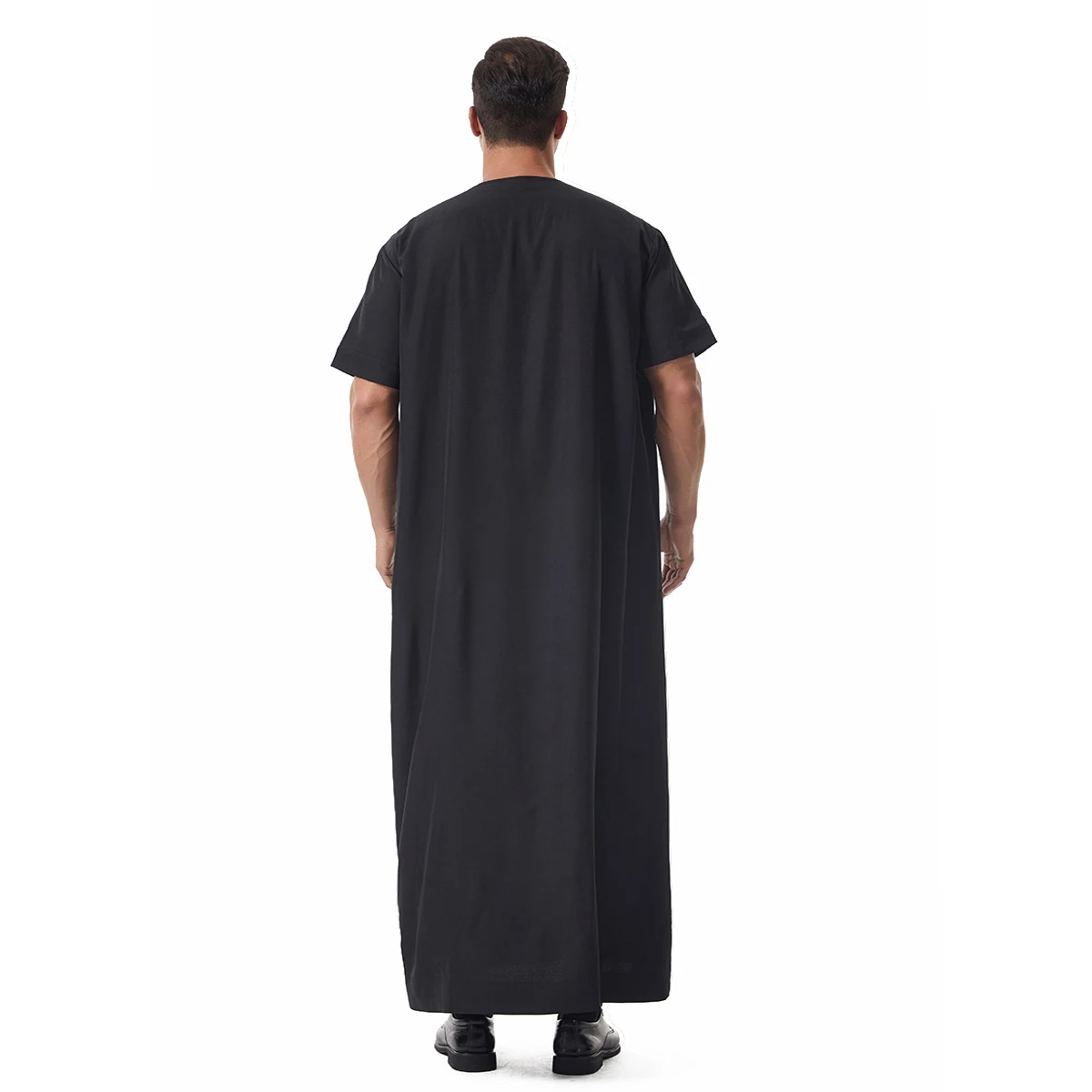 TH845 Muslim Men's Short Sleeves Pure Color Ankle Length Round Collar Button Robe Islamic Kaftan