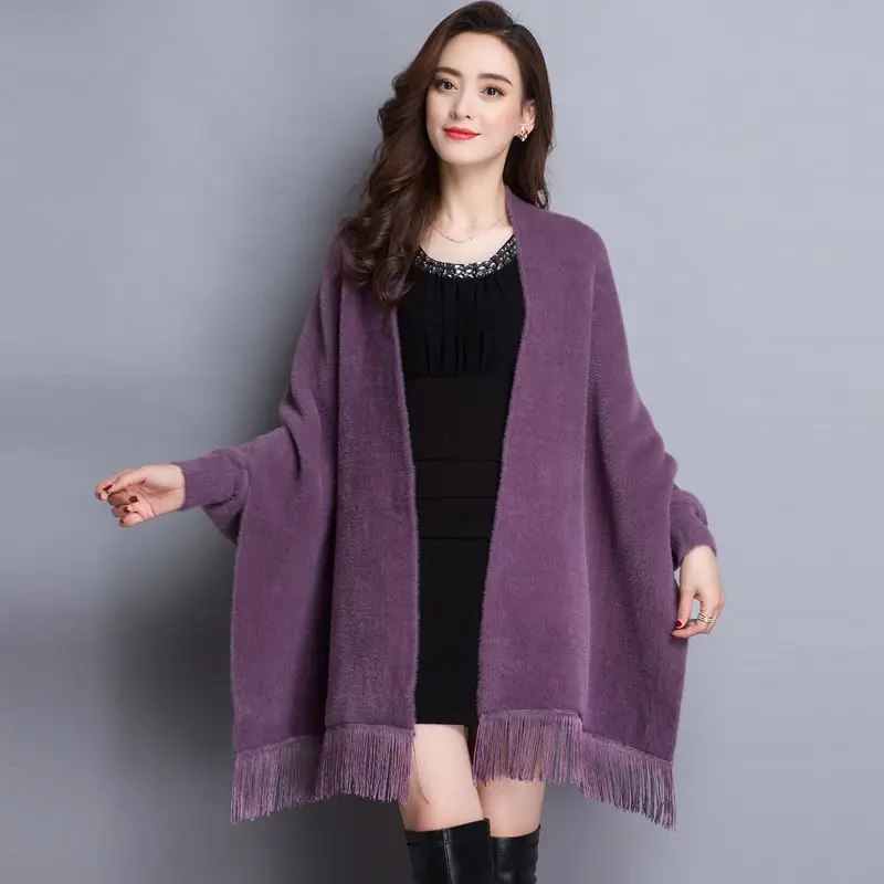 Mink velvet cape jacket women autumn and winter mid-length all-match cashmere tassel cape cape with sleeves poncho women coat