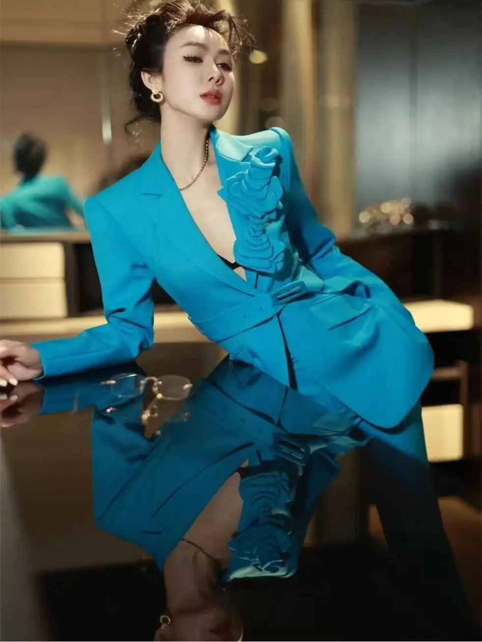 

Деловой женский костюм-двойка TINIKENG с 3D-эффектом похудения, элегантный дизайн, весна-осень 2026, с длинным рукавом, для офиса