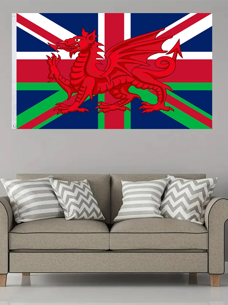 Wales Flag with Union Jack - Vibrant Red & Blue Dragon Design, Durable Thick Polyester, Single-Sided Print