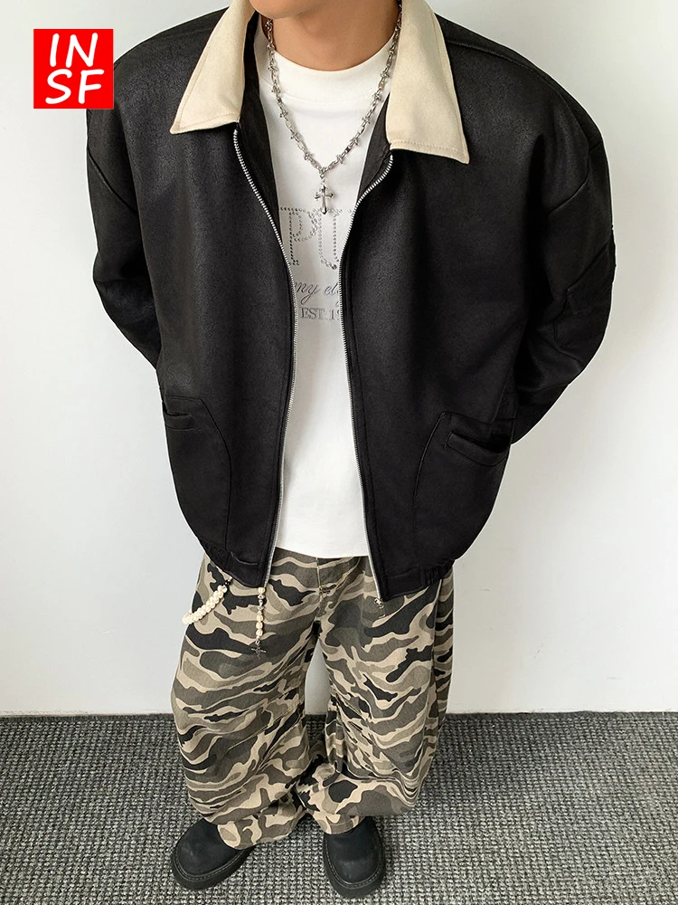 

Мужская кожаная куртка в американском ретро-стиле с пэчворком, модная брендовая модель премиум-класса, свободного кроя, универсальная, повседневная, для мужчин