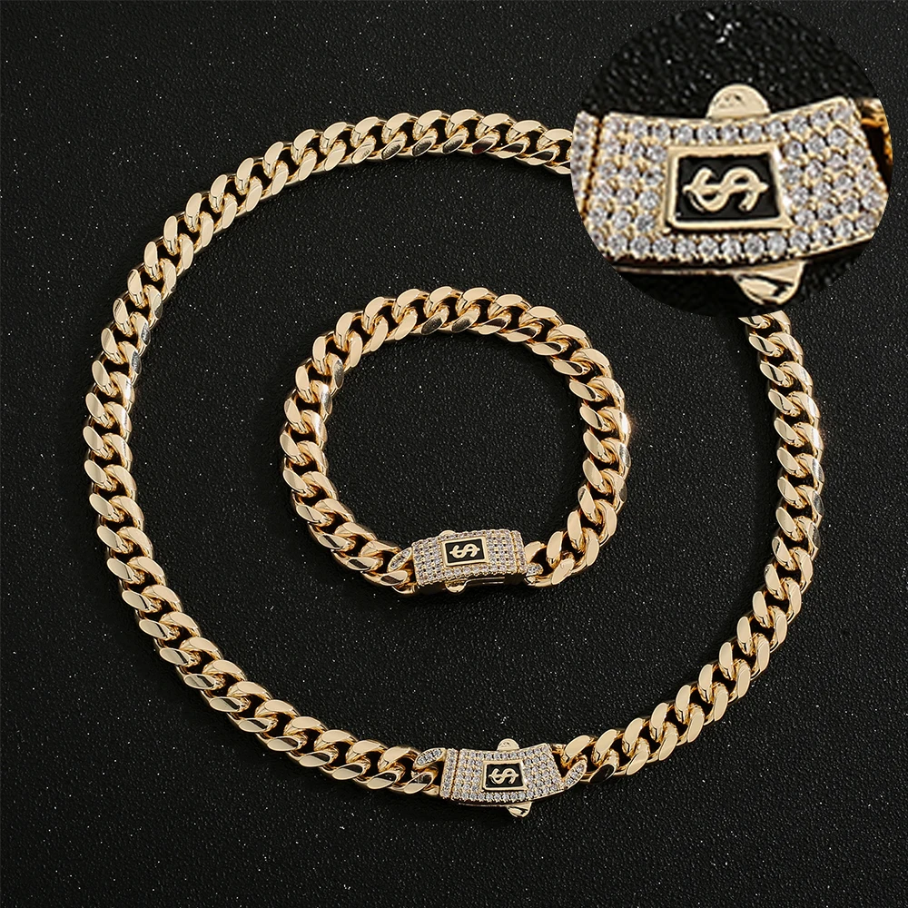 

US dollar brooch Cuban chain hip hop Monaco chain 6MM8MM10MM inlaid zircon copper material electroplated 14 gold wholesale