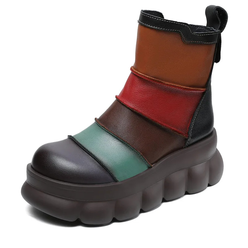 

Autumn Winter Goth Ankle Women Boots Mixed Colors New Women Shoes Retro Genuine Leather Round Toe Sewing Handmade Platform Boots