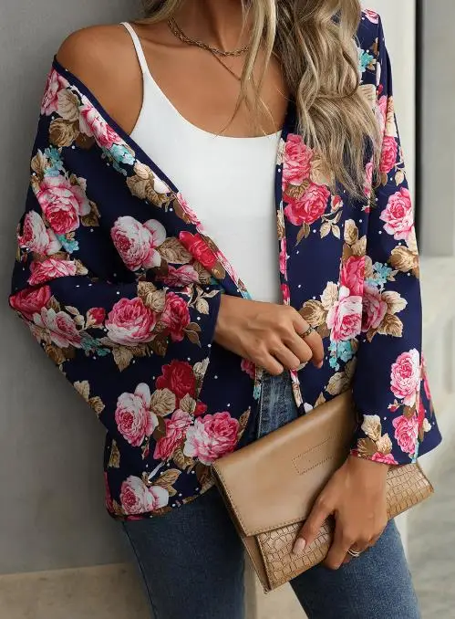

2025 Autumn Temperament Color Long Sleeved Jacket with Floral Print Retro Jacket Top