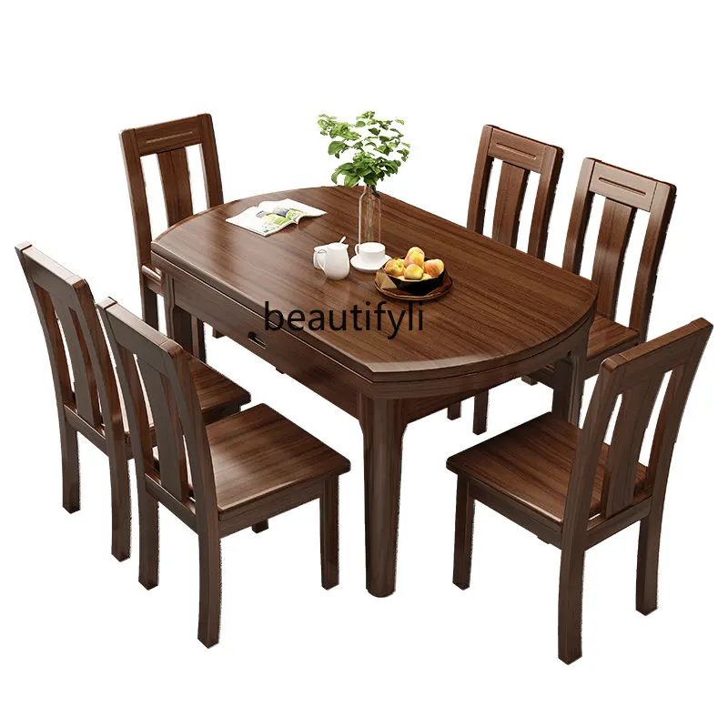 

Walnut Solid Wood Dining Table and Chair Combination Modern Minimalist Chinese Dining Table Retractable Folding