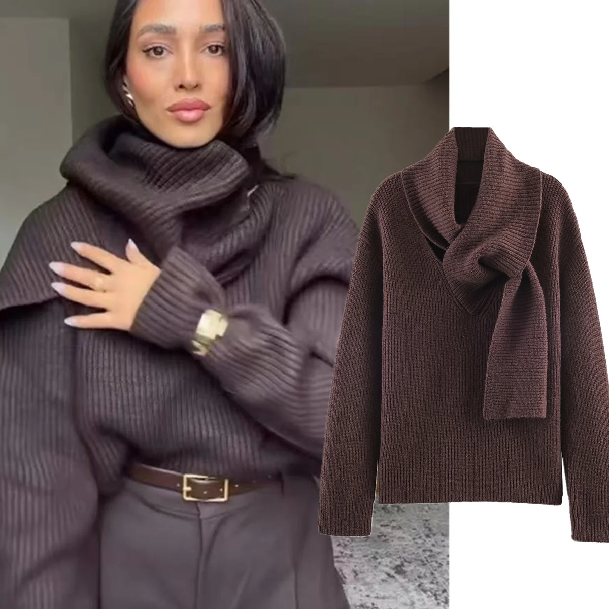 

Женский свитер-пуловер Jenny&Dave в скандинавском минималистичном стиле, цвет кофе, с воротником-шарфом, свободный крой, в рубчик, женская одежда