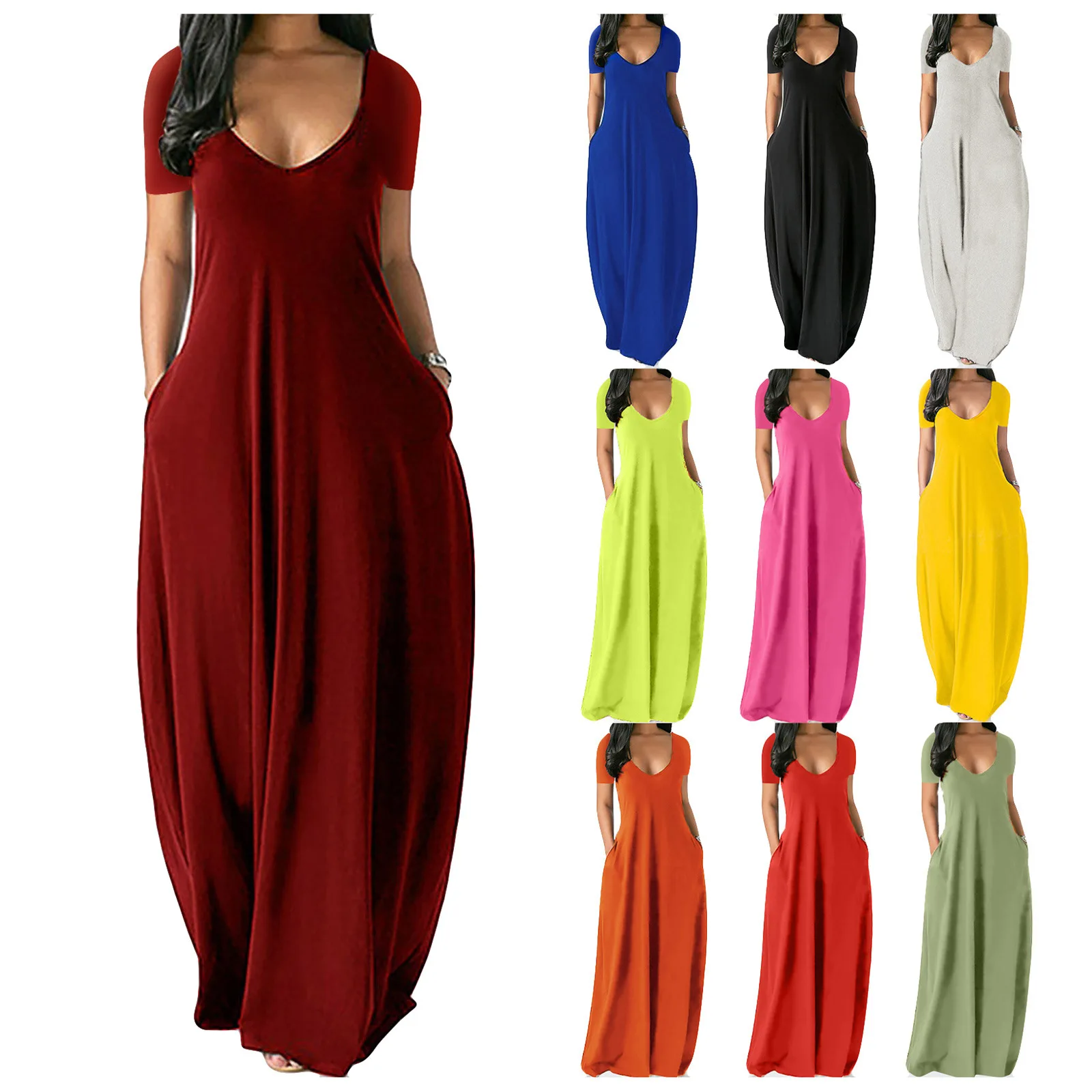Vestidos de verão femininos de manga curta sólida sexy profundo v solto vestido longo vestidos para festas robe
