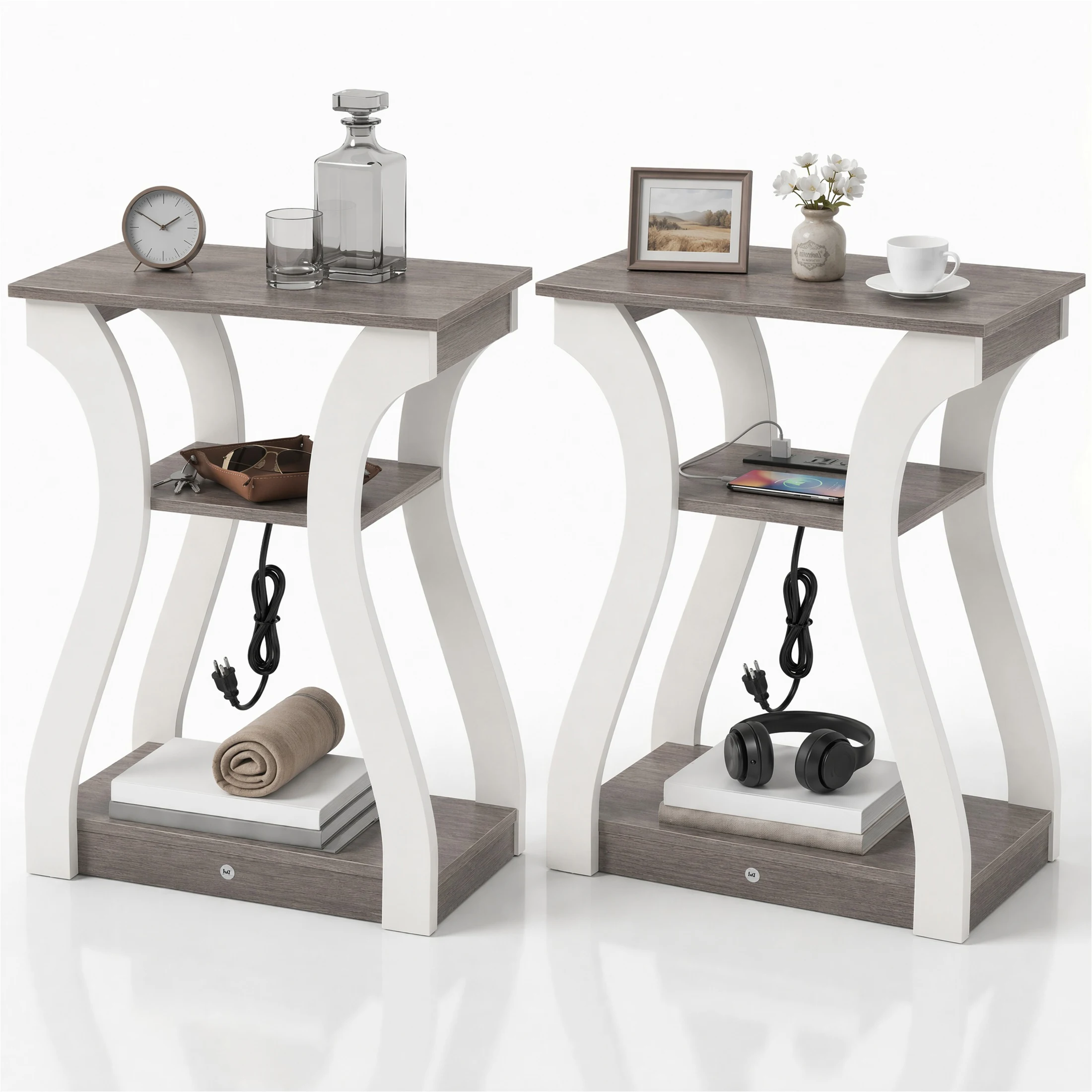 MCQ 2 Pack Living Room Cabinet with Charging Station 3-Tier Side Table Storage Display Nightstand Bedside Coffee Sofa Tea Table for Furniture