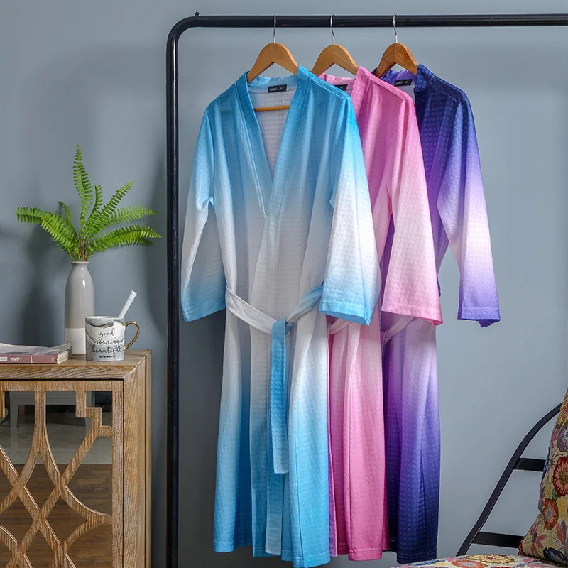 

Gradient Couple Waffle Robe Soft Kimono Gown Sleepwear Loose Bathrobe Gown Male Casual Nightwear Oversize Home Clothes