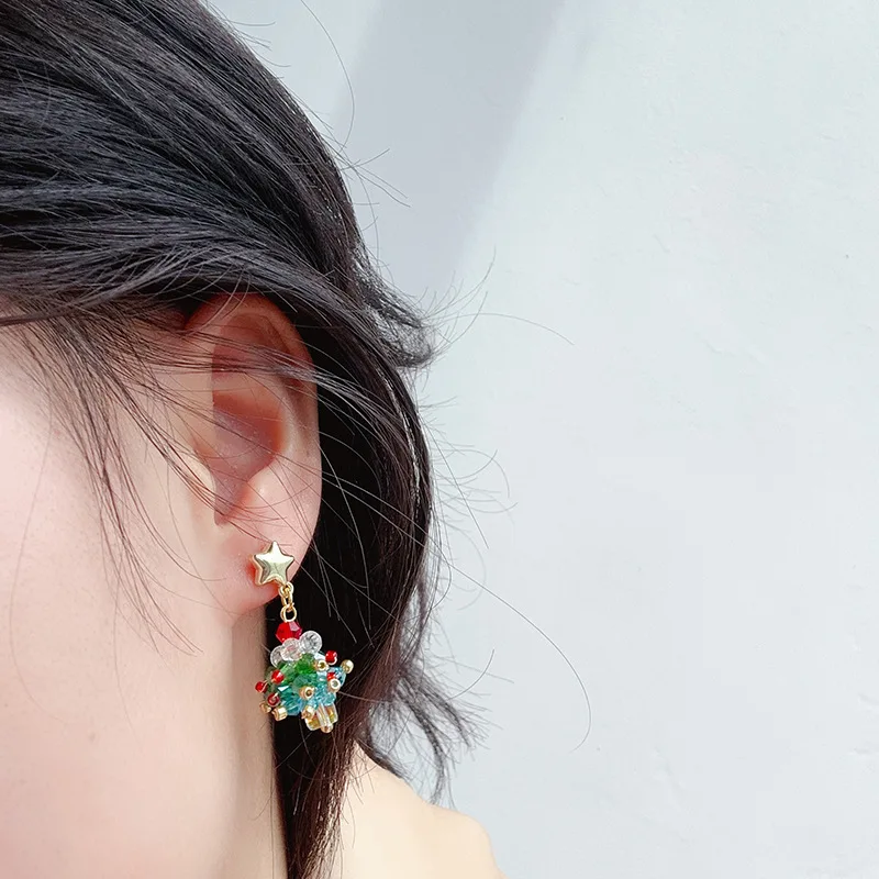 Korean Sweet 3D Bowknot Christmas Tree Earrings For Women Green Crystal Xmas Tree Drop Earrings Merry Christmas Jewelry Gifts