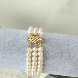 Precious Elegant Triple Strand 8-9mm Akoya Round White Pearl Bracelet 7.5-8