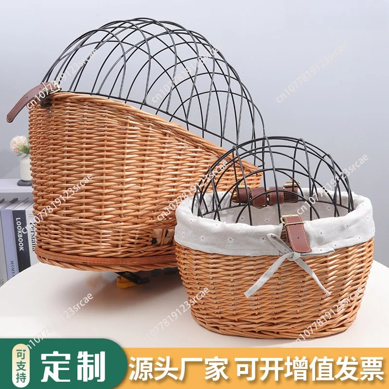 Bicycle pet cage car basket storage basket with iron cover dog cage storage basket rear frame woven