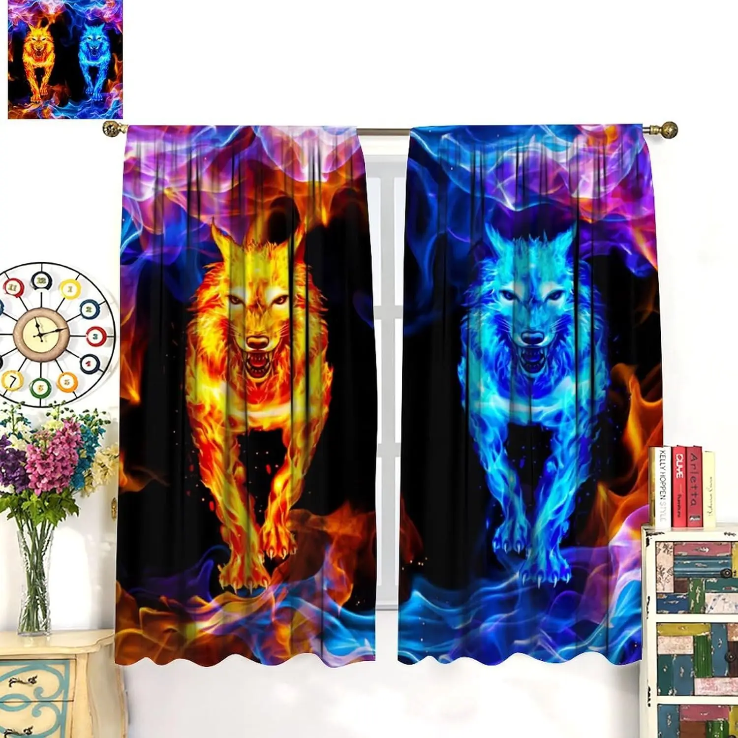 Wolf Curtains,Mystery Flame Lightning Red and Blue Wolf Pack Wildlife Decor Windows Treatments,Thermal Insulated Drapes for Kids