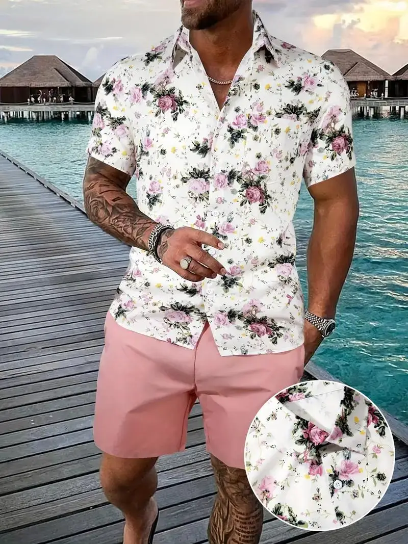 

Vacation And Casual short-sleeved Shirt + Shorts set, Summer men's White 3D Printed Palm Leaf Hawaiian Style