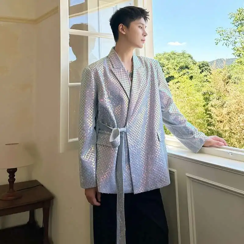 LUZHEN Glossy Nightclub Style Stage Outfit Suit Jacket High Street Trendy Personalized Ribbon Splicing Design Blazer Male LZ5101