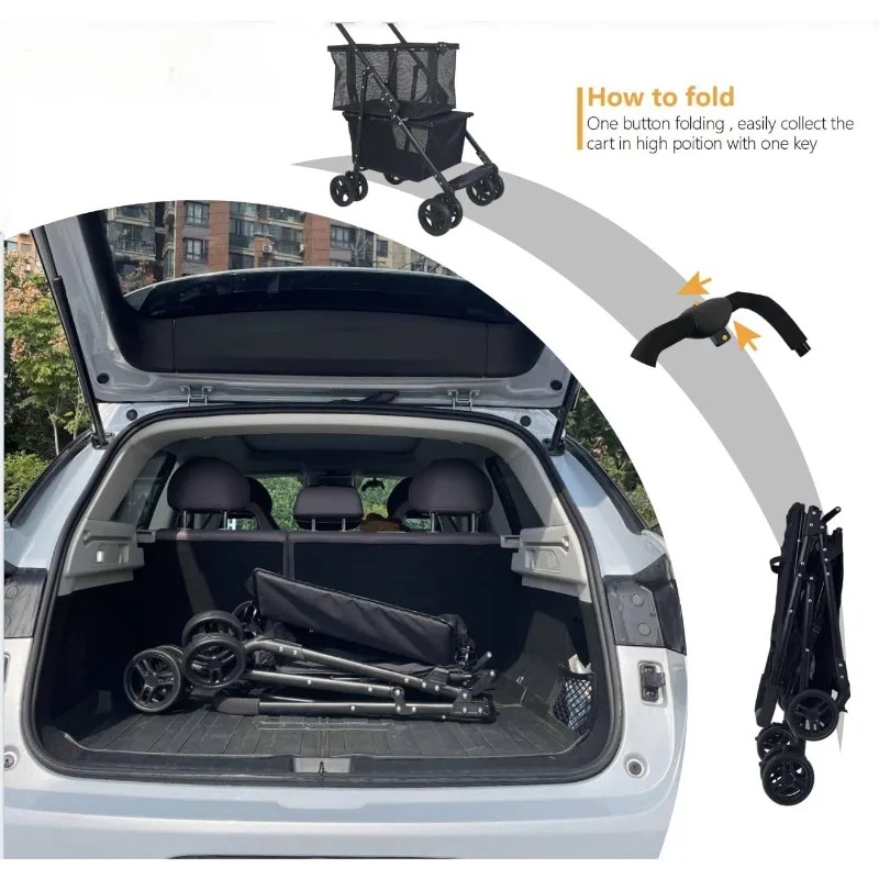 عربة تسوق قابلة للطي للبقالة بطبقتين، عربة تسوق محمولة ذات سلة مزدوجة مع 360 درجة °   عجلات دوارة