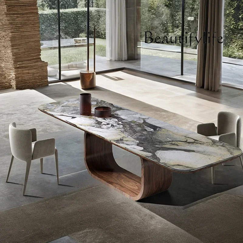 

Natural marble dining table rectangular modern simple light luxury retro walnut color creative dining table