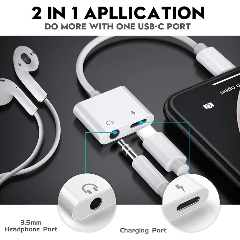 USB C to 3.5 MM Jack and Charging Port 2 In 1 Adapter For Samsung S25 S24 S23 S22 Type C to Dual TypeC Gender Earphone AUX Cable