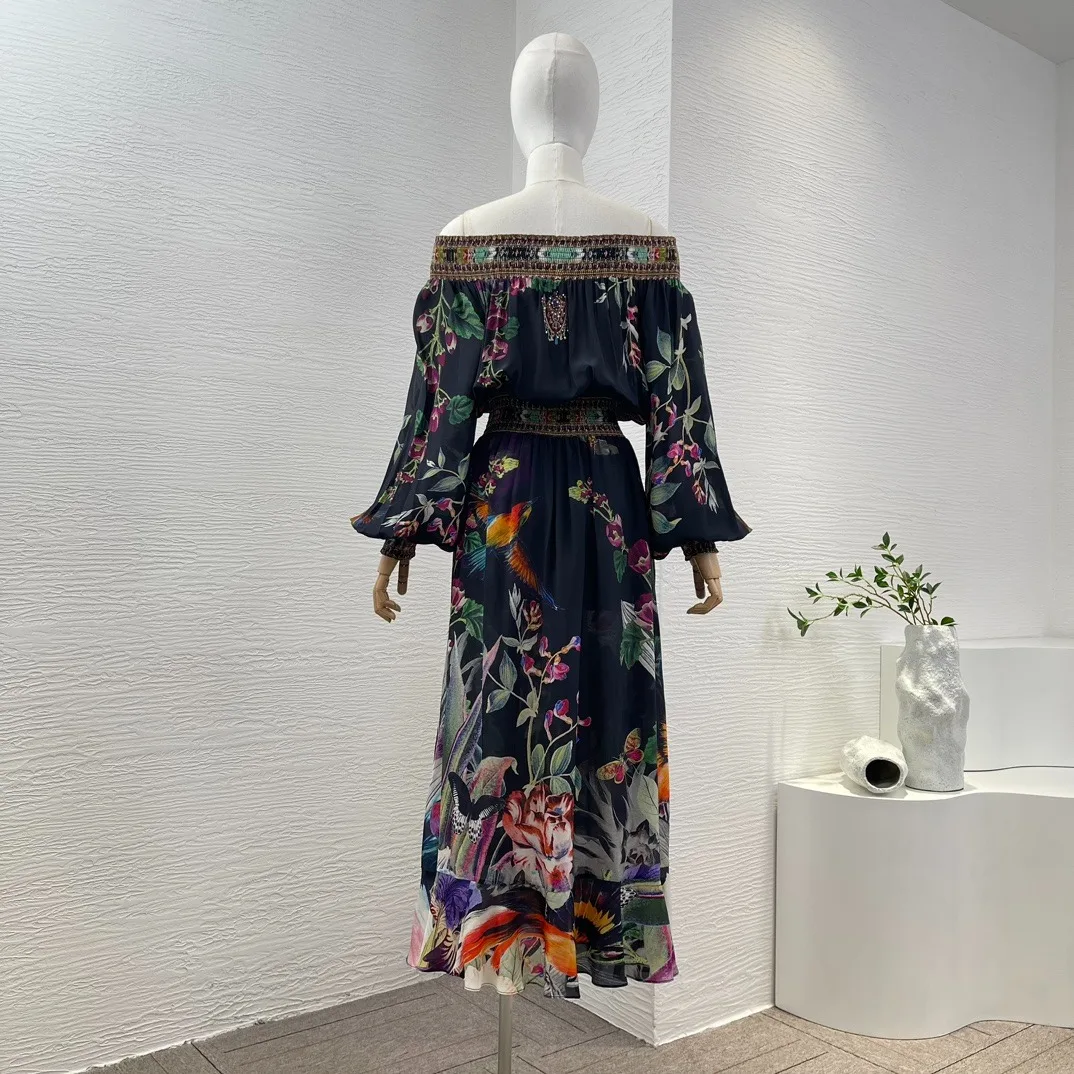 Vestido midi de seda con hombros descubiertos prensado Primavera Verano 2024 Diamantes de manga larga con estampado floral negro