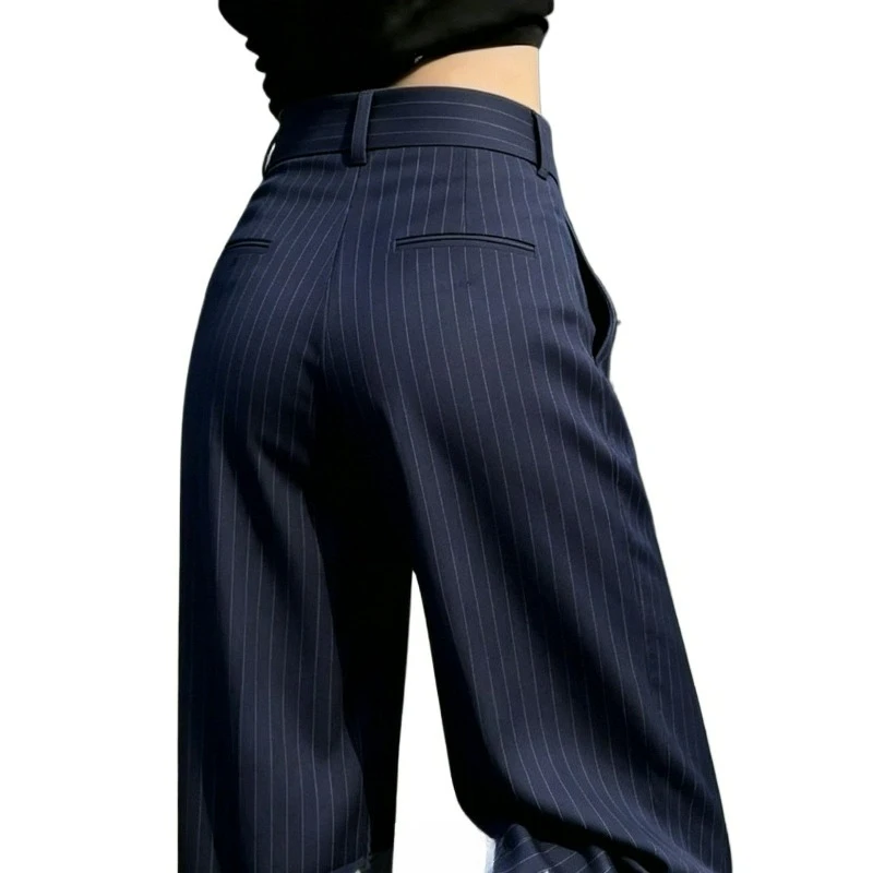 A New High-waisted, Slimming, and Drape Casual Suit for Women with A Navy Blue Commuter Striped Style and Wide-leg Pants Fashion