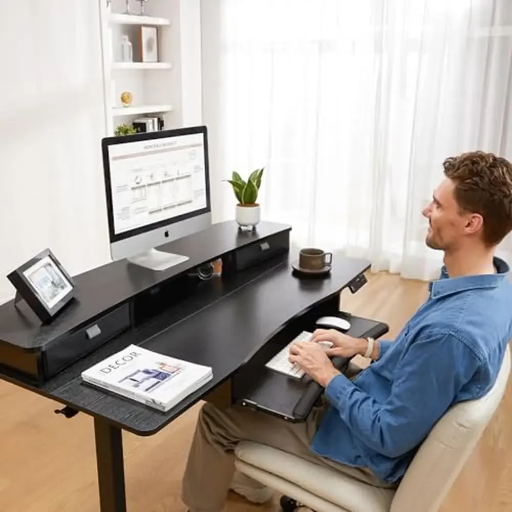 Electric Standing Desk 48x26 with 2 Drawers Large Keyboard Tray C-Clamp Mount Adjustable Computer Desk Multi-Zone Storage &