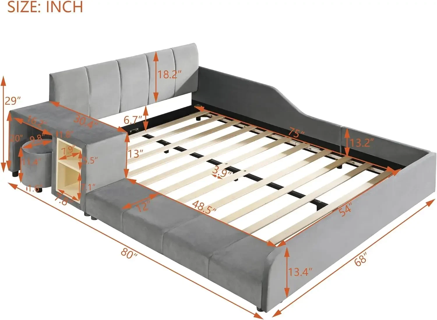 Tempat tidur tanah berlapis kain ukuran penuh, tempat tidur ibu & anak dengan meja samping tempat tidur dan bangku bulat kecil, Beludru, abu-abu