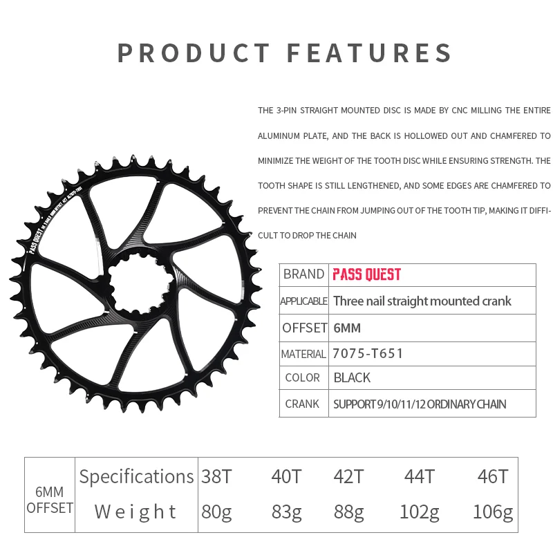 PASS QUEST-3-Nail Narrow Wide Chainring, 6mm, for GX SX MTB, Gravel, Large Tooth Number, Cross-Country Road Bike, 38-46T