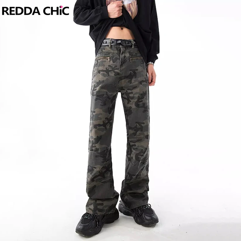 

REDDACHIC 90s Retro Camouflage Print Straight Jeans Men Casual Hiphop Zipper Pockets Wide Leg Denim Pants Harajuku Streetwear