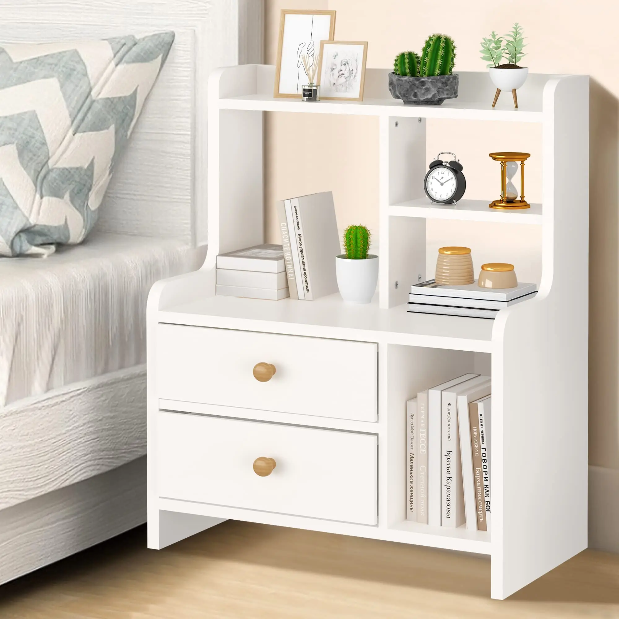 Wholesale Bedside Table Modern White Nightstand with 2 Drawers and Display Stand Rack for Bedroom - White