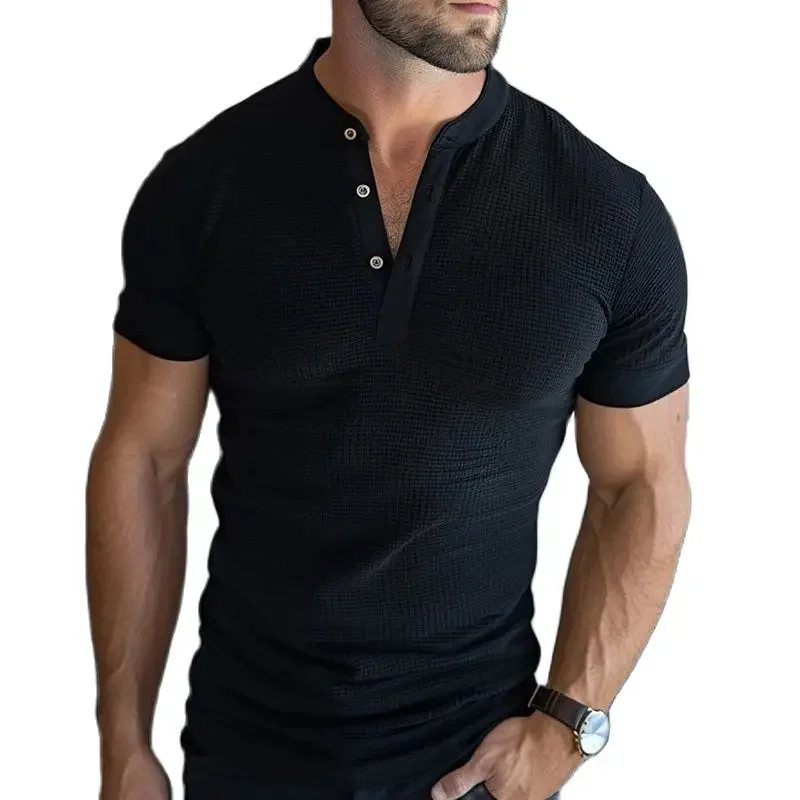 Vintage V Neck Button Mens T Shirts Summer Casual Short Sleeve Solid Color Slim Tops Men New Fashion Pullover Tees Men\'s Clothes