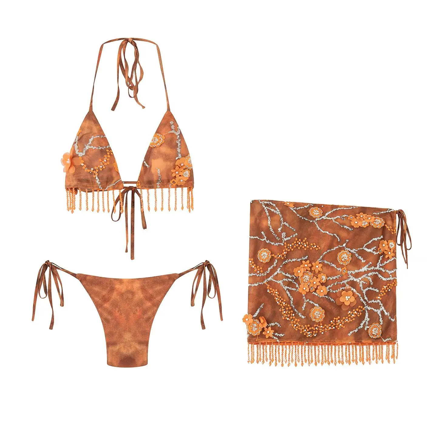 Siren Chic Women 2Pcs Fringe Cover Up Skirt Bikini Set Beach Vacation Outfit Wholesale Swimwear Cover-up Two Piece Bathing Suit