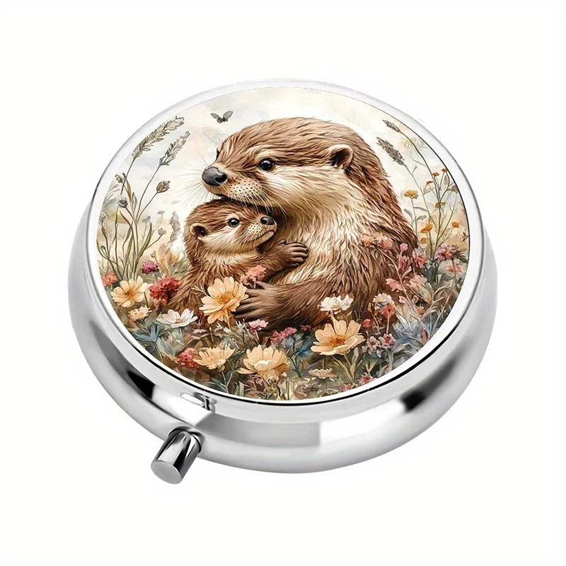 Integrated Pill Box, Three-Compartment Design, Watercolor Style, Featuring a Mother and Baby Otter in a Field of Wildflowers, Mini Pill Box, Pill Box Organizer, Unique Travel Gift
