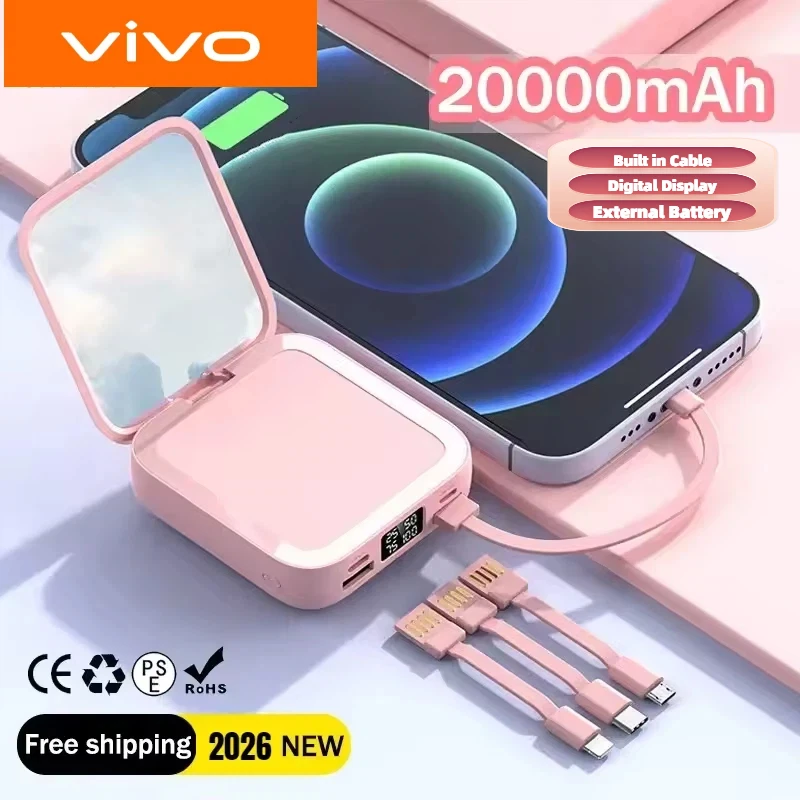 VIVO ? jolie batterie externe 20000mAh, avec miroir de maquillage, chargeur Portable, batterie externe, c�ble int�gr�, affichage num�rique pour filles