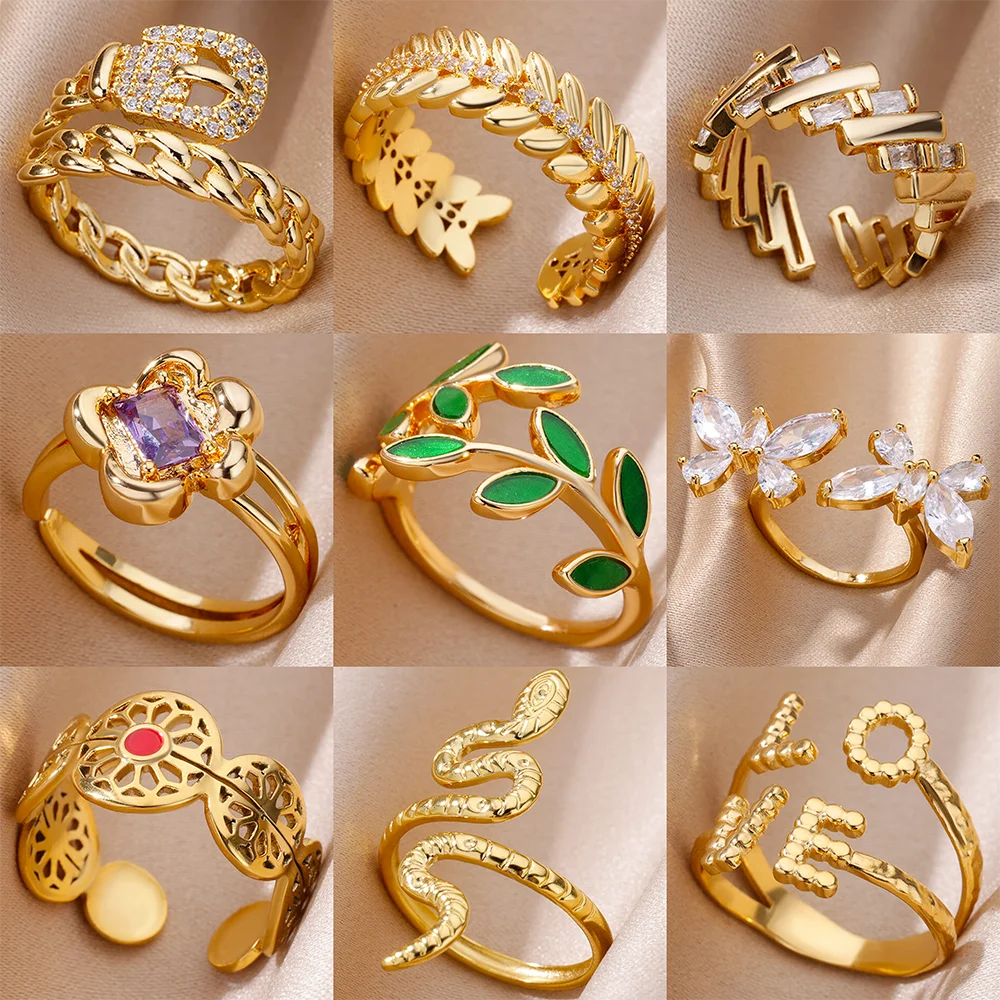 Zircon Rings for Women 18K Gold Color Jewelry Stainless Steel Fashion Accessories Irregular Flower Love Adjustable Couple Rings