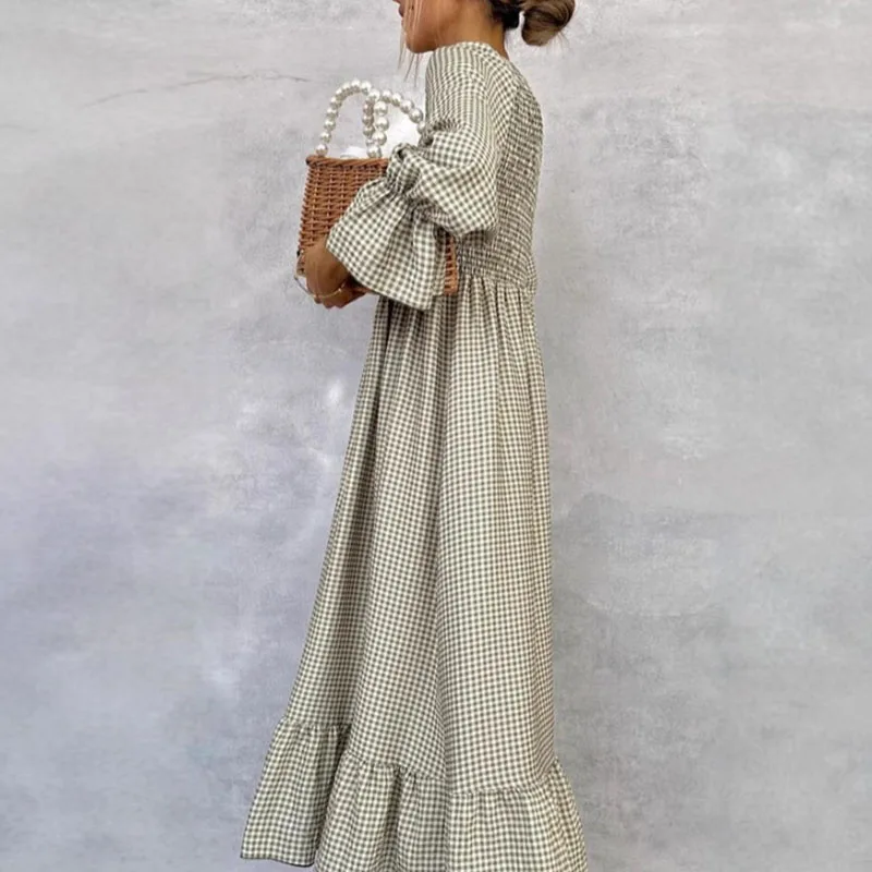 Fall Puff Sleeve A-Line Boho Dress Retro Plaid Print O-neck Button Pleated Long Dress Spring High Waist Loose Womens Party Dress