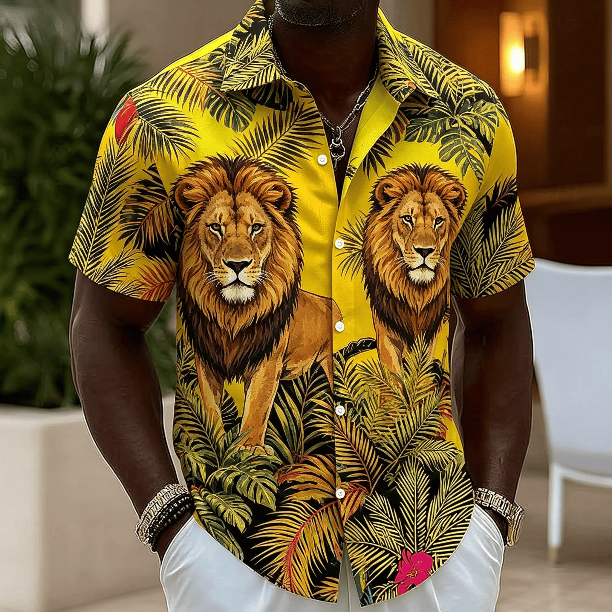 Men's Clothing Tropical Tiger & Palm Leaf Print Short Sleeve Shirt Casual Jungle Button Up Shirt For Spring & Summer Shirts