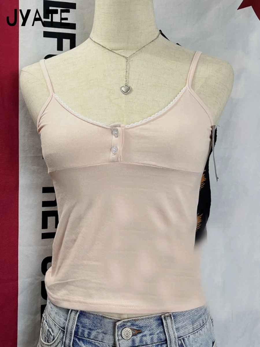 

Sweet Cute Pink Buttons Tank Tops Women New Cotton Casual Slim Lace Trim Sleeveless Vests Female Vintage Simple Chic Camis Y2K