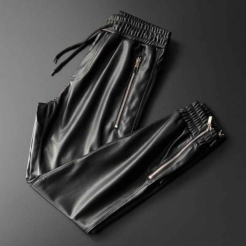 

Thoshine Brand Men Leather Pants Superior Quality Elastic Waist Jogger Pants PU Leather Motorcycle Trousers Harem Pants Pockets