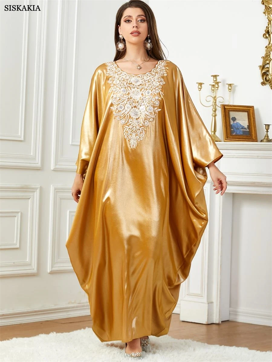 Siskakia Fashion Solid Satin Embroidery Beading Batwing Sleeve Casual Loose Abaya Moroccan Dubai Women Kaftan Evening Party