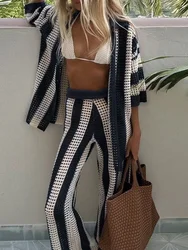 V-Neck Cardigan Top Loungewear Outfit, Women Spring Summer Striped Fashion Two Pieces Matching Sets, Wide Leg Pants Ladies Suits