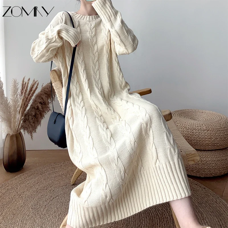 ZOMRY Autumn Winter New Twist Knitting Sweater Dress Korean Solid Color O-neck Loose Casual Fashion Warm Clothing Plus Size M XL