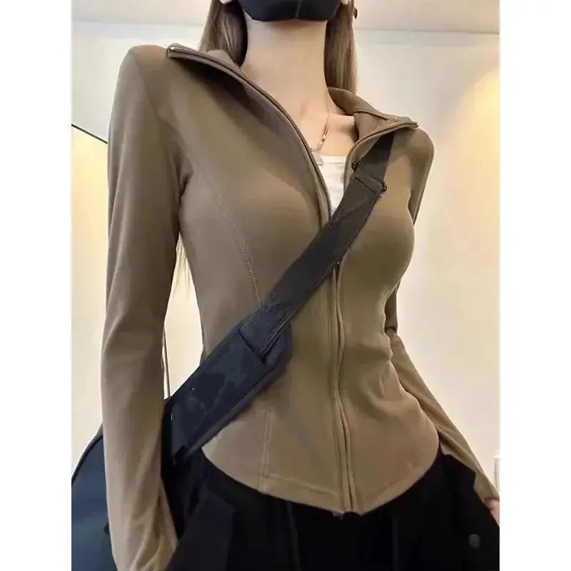 German Velvet Warm Long Sleeved T-shirt for Women in Autumn New Style for Outerwear Zipper Lapel Base Shirt Top