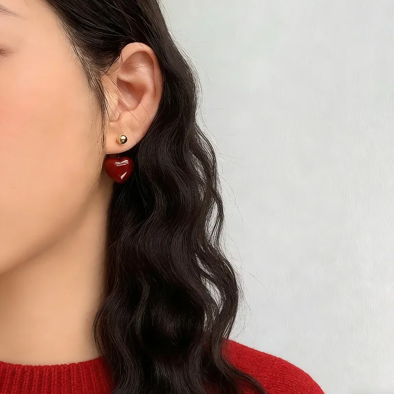 Convertible Wine Red Enamel Heart Stud and Drop Earrings Vintage Unique Design Daily Versatile Accessory for Women Girls New