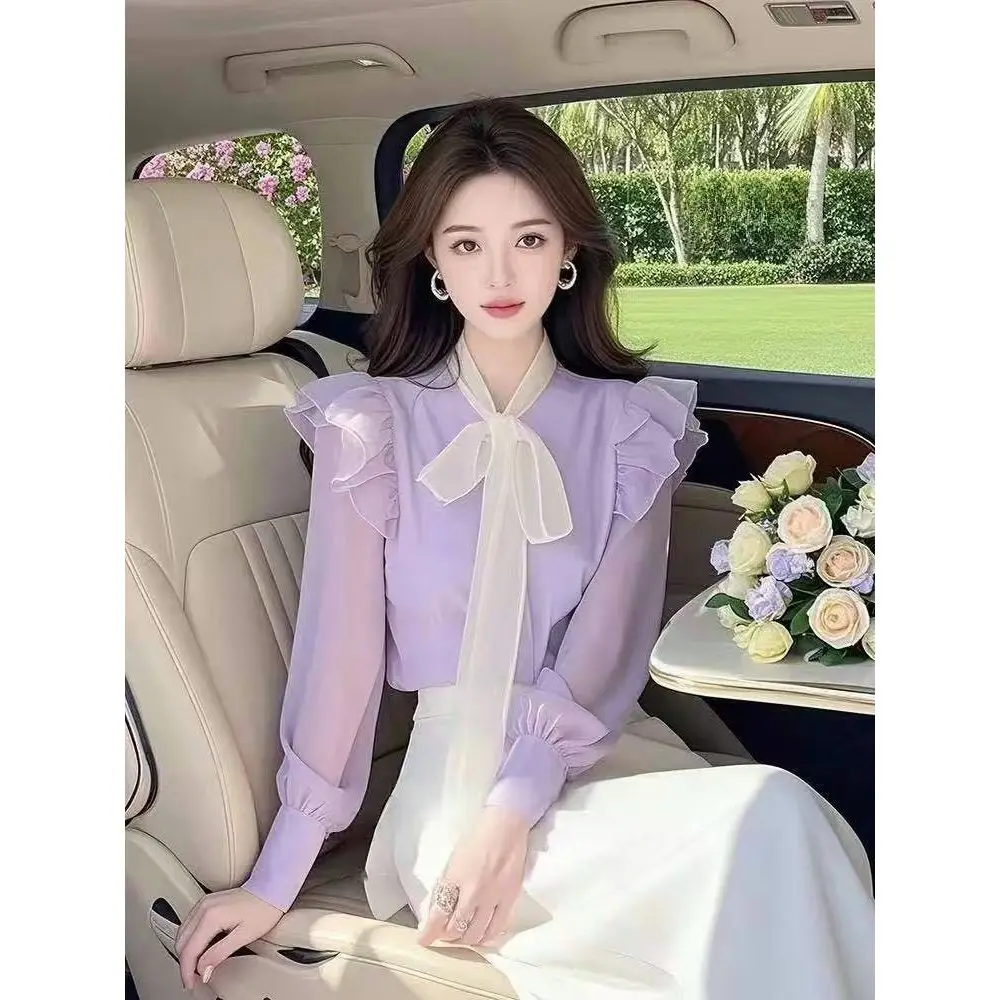 

French-style Blouse with a High-end Feel Suitable Commuting Purple Ribbon Chiffon Blouse Women in Spring