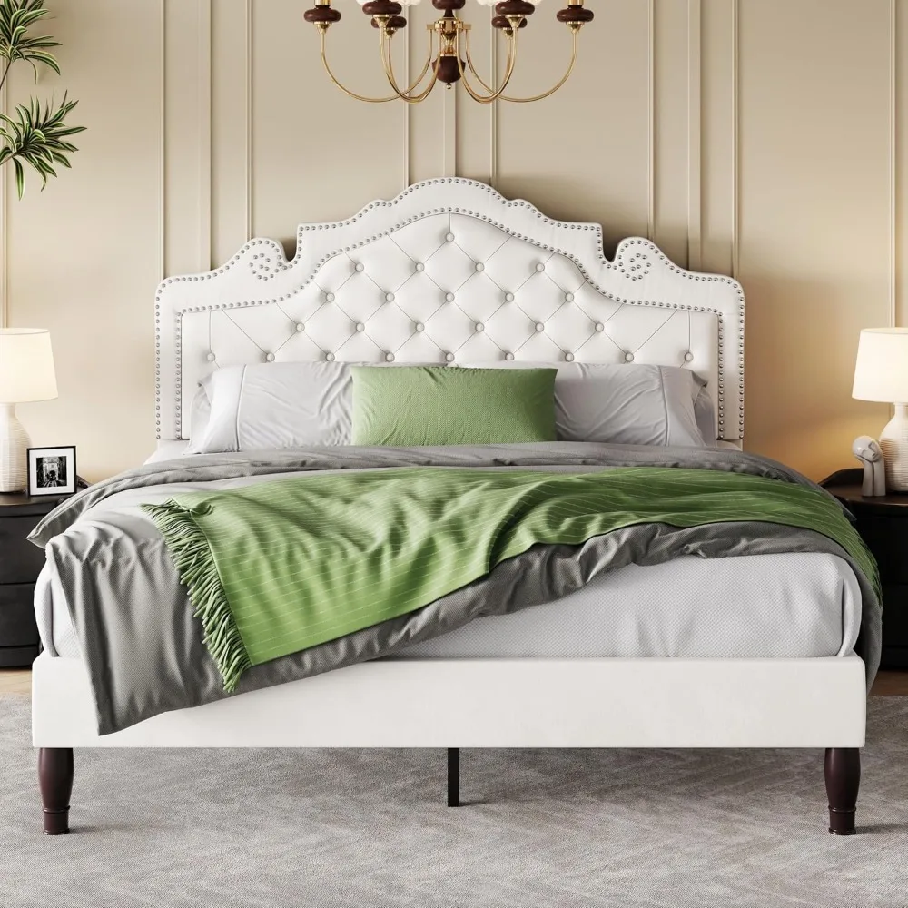 SHA CERLIN Queen Size Bed Frame with Adjustable Headboard/Velvet Upholstered/Diamond Button Tufted and Metal Studs/No Box Spring
