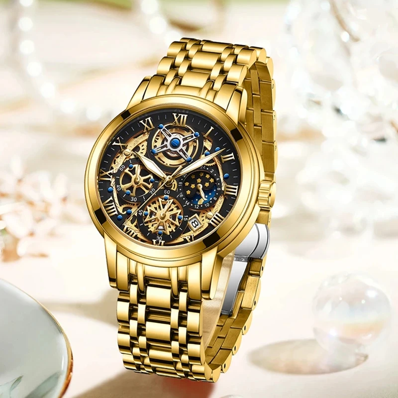 LIGE Top Brand  Fashion  Women Watch Luxury Fashion Stainless  Steel Ladies Waterproof Quartz Wristwatch  Golden Female Clock