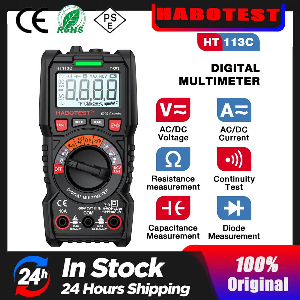 

HABOTEST HT113 Digital Multimeter True-RMS AC/DC Voltmeter Ammeter Multimetro DMM Resistance Ohm Cap Hz Temp Tester