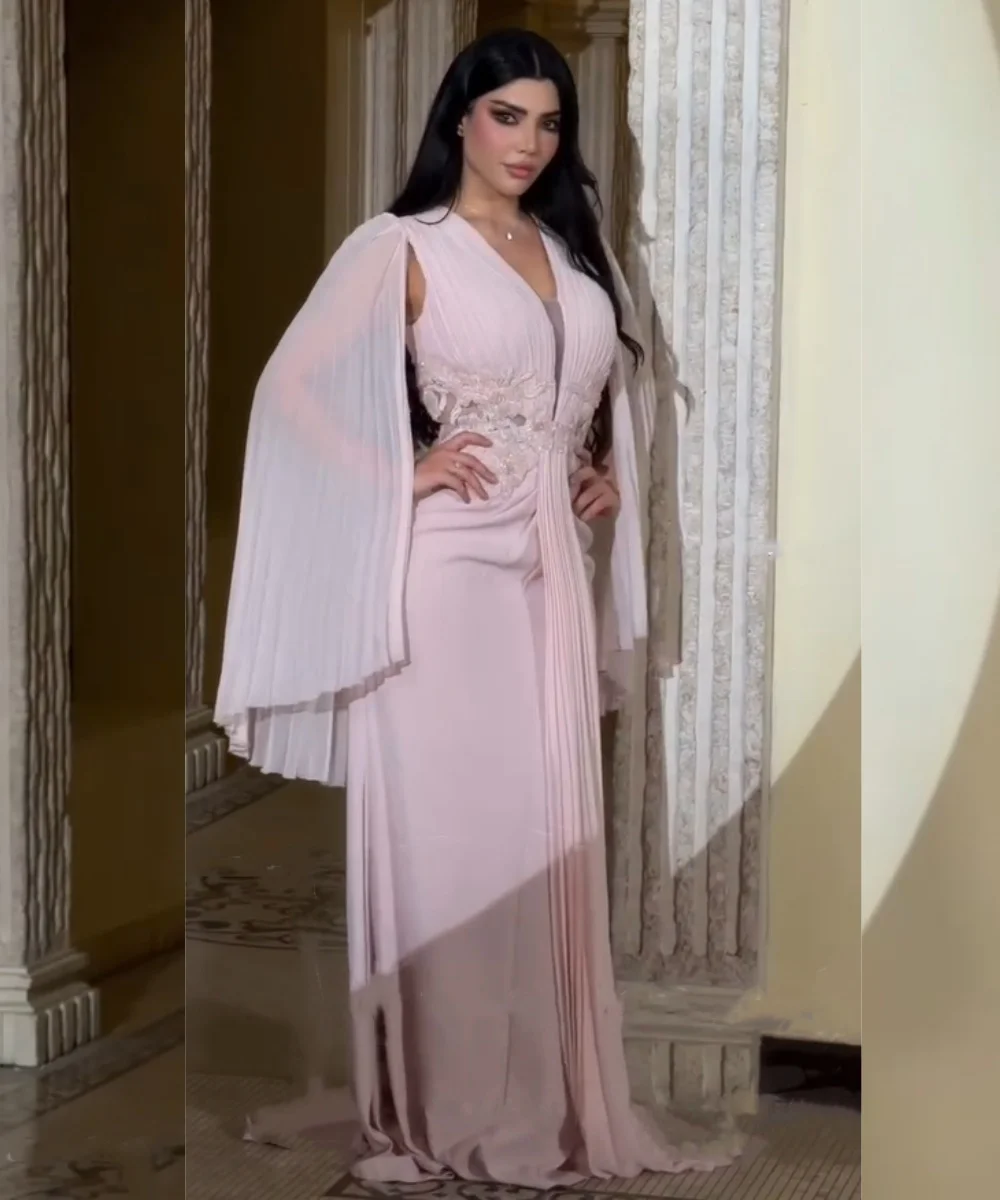 Customized Exquisite Jersey Pleat Sequined A-line V-neck Long Prom Dresses Bespoke Occasion Celebrity Chinese Style