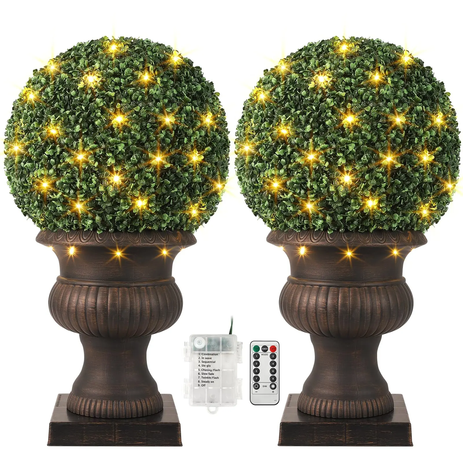 20” Artificial Plant Topiary Ball, Pre-Lit Artificial Topiary Plant with 50 Lights, Timer and Remote Control,Porch Trees